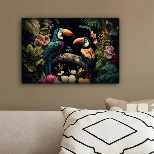 Vogel - Bloemen - Planten - Jungle - Zwart - Toekan canvas 2cm klein -sfeer3