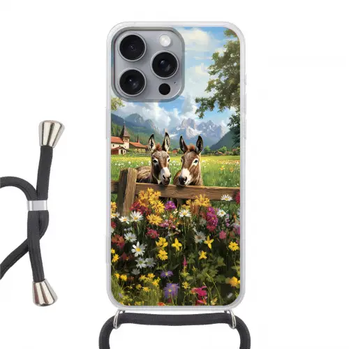 Ezels - Bloemen - Zomers Hoesje iPhone 16 Pro Max met koord klein -3d