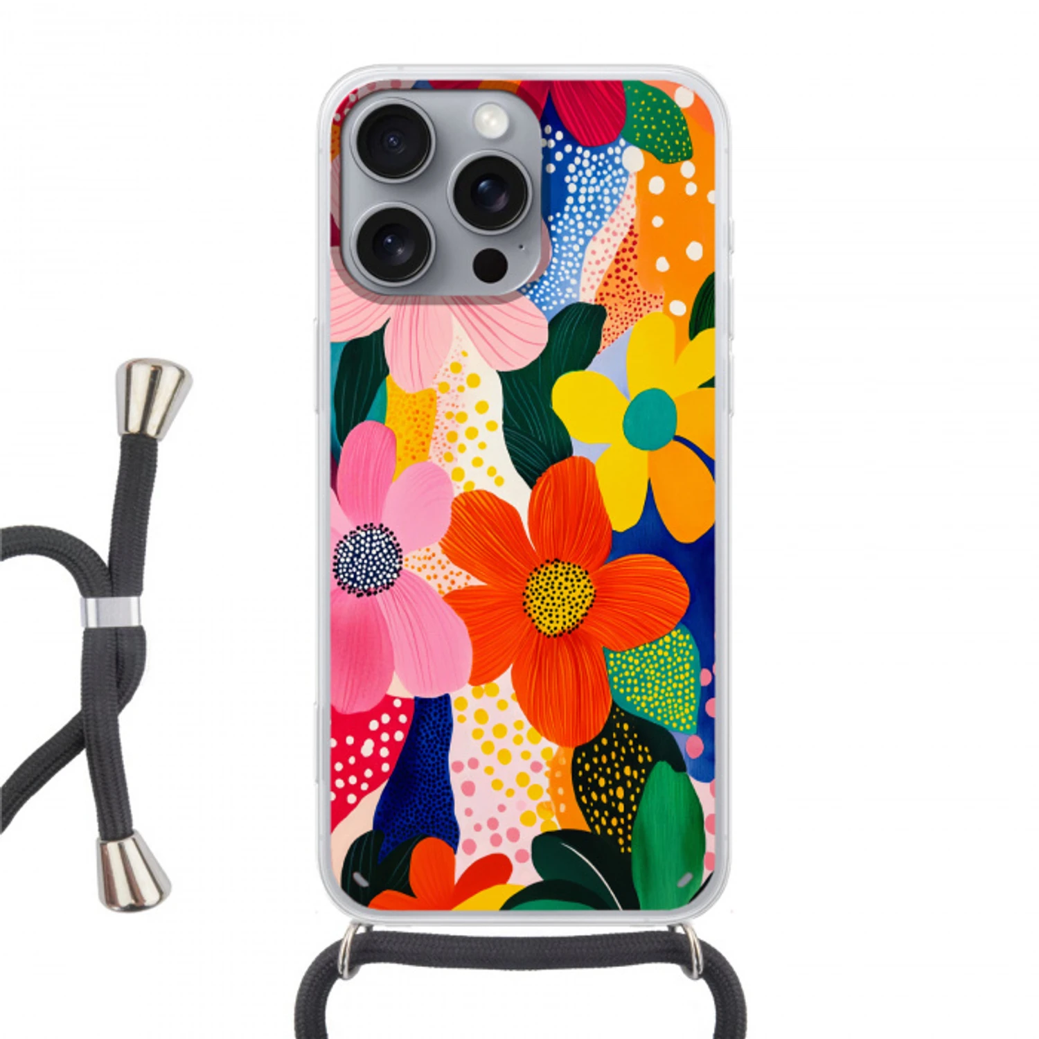 Bloemen - Kleurrijk - Stippen Hoesje iPhone 16 Pro Max met koord klein -3d