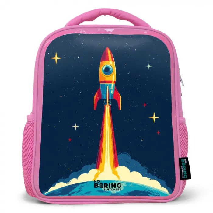 Planeet - Raket - Sterren - Donkerblauw Kinderrugzak - Roze middel -3d