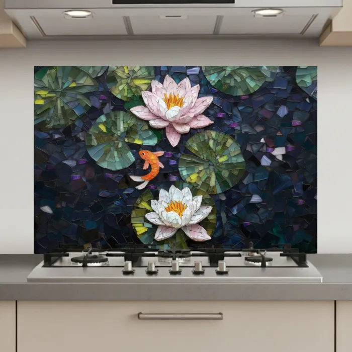 Glasstukjes - Leliebladeren - Vis - Oranje keuken achterwand spatscherm klein -3d_website