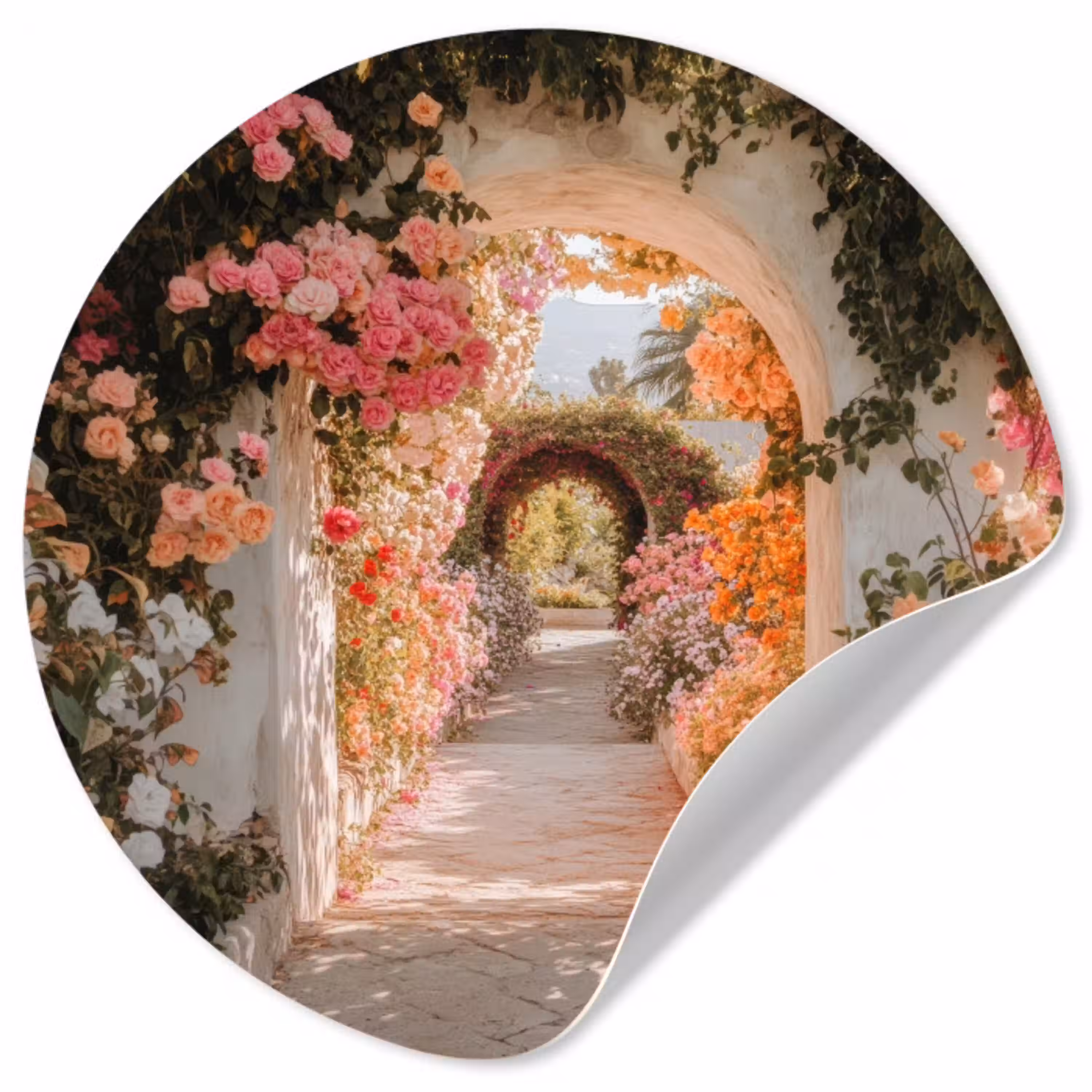Doorkijk - Boog - Bloemen - Pastel Wandcirkel behangsticker klein -3d