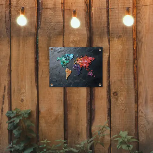 Wereldkaart - Edelstenen - Regenboog - Ruw tuinposter los doek klein -sfeer1