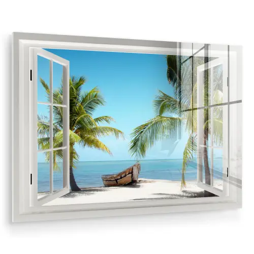 Doorkijk - Strand - Palmboom - Boot - Tropisch - Zee - Blauw plexiglas 5mm klein -zzzproduct_nieuw