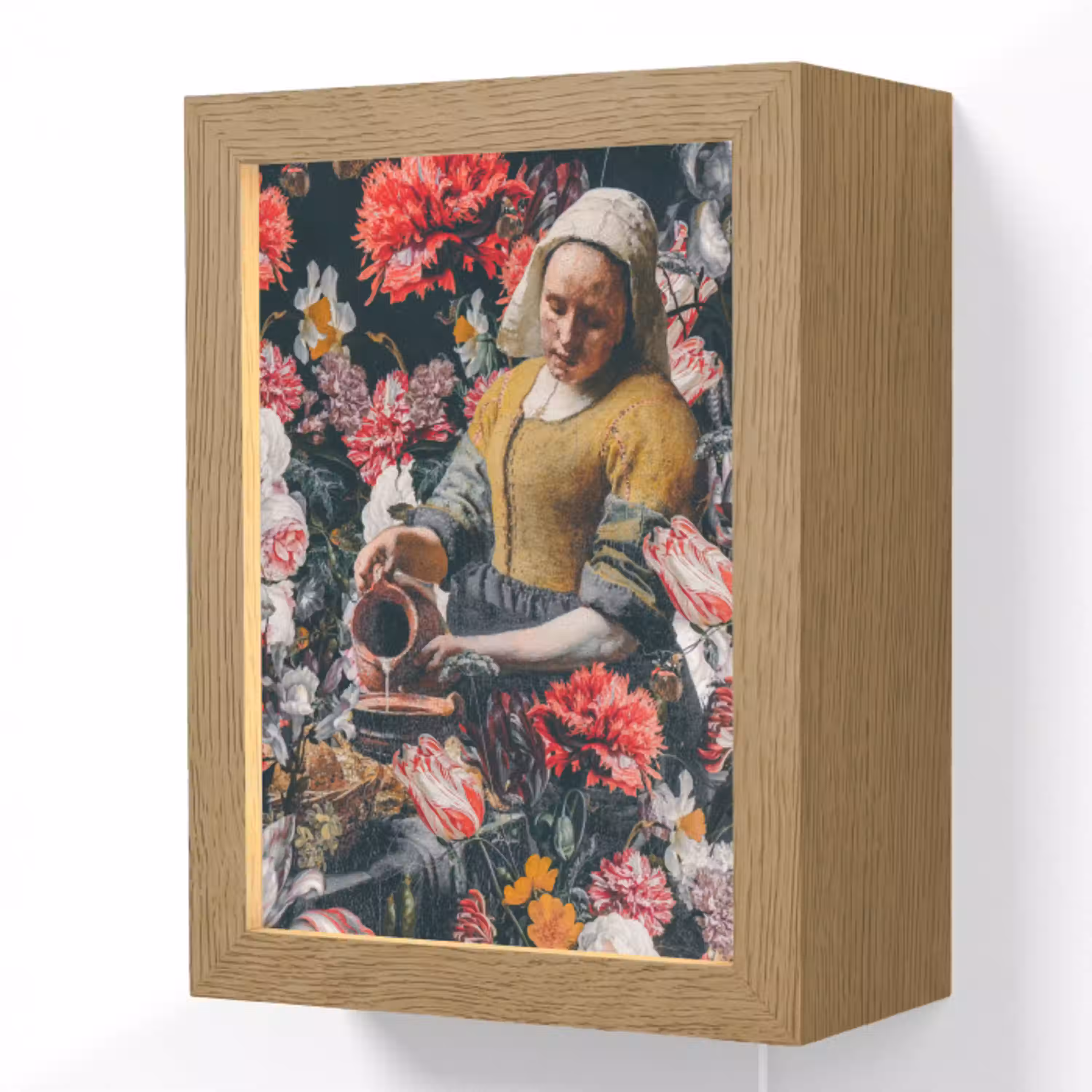 Melkmeisje - Johannes Vermeer - Bloemen - Roze Light Box met kabel (Wandlamp) klein -3d