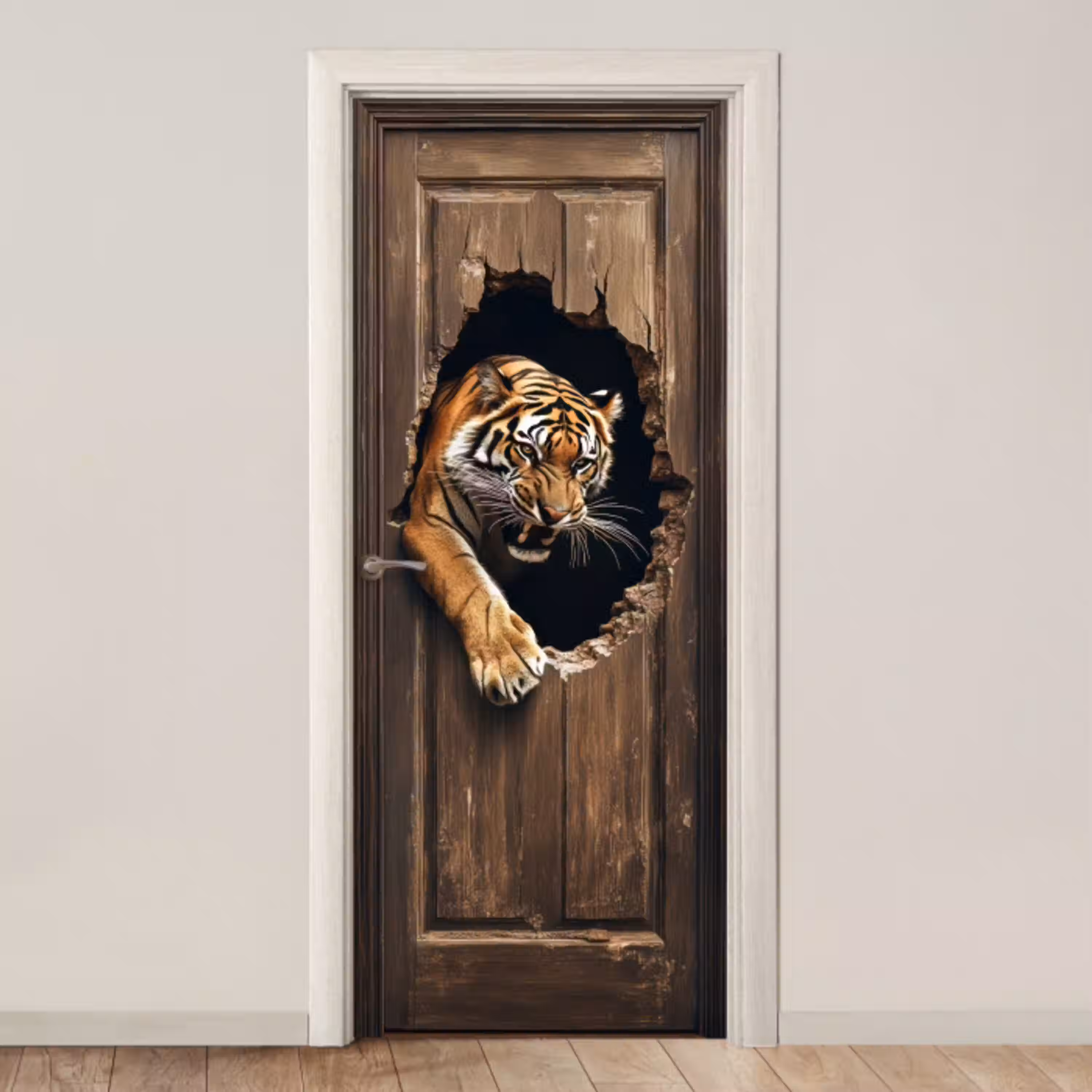 Tijger - Doorkijk - Deur - Hout - Dieren deurposter klein -3d_beige