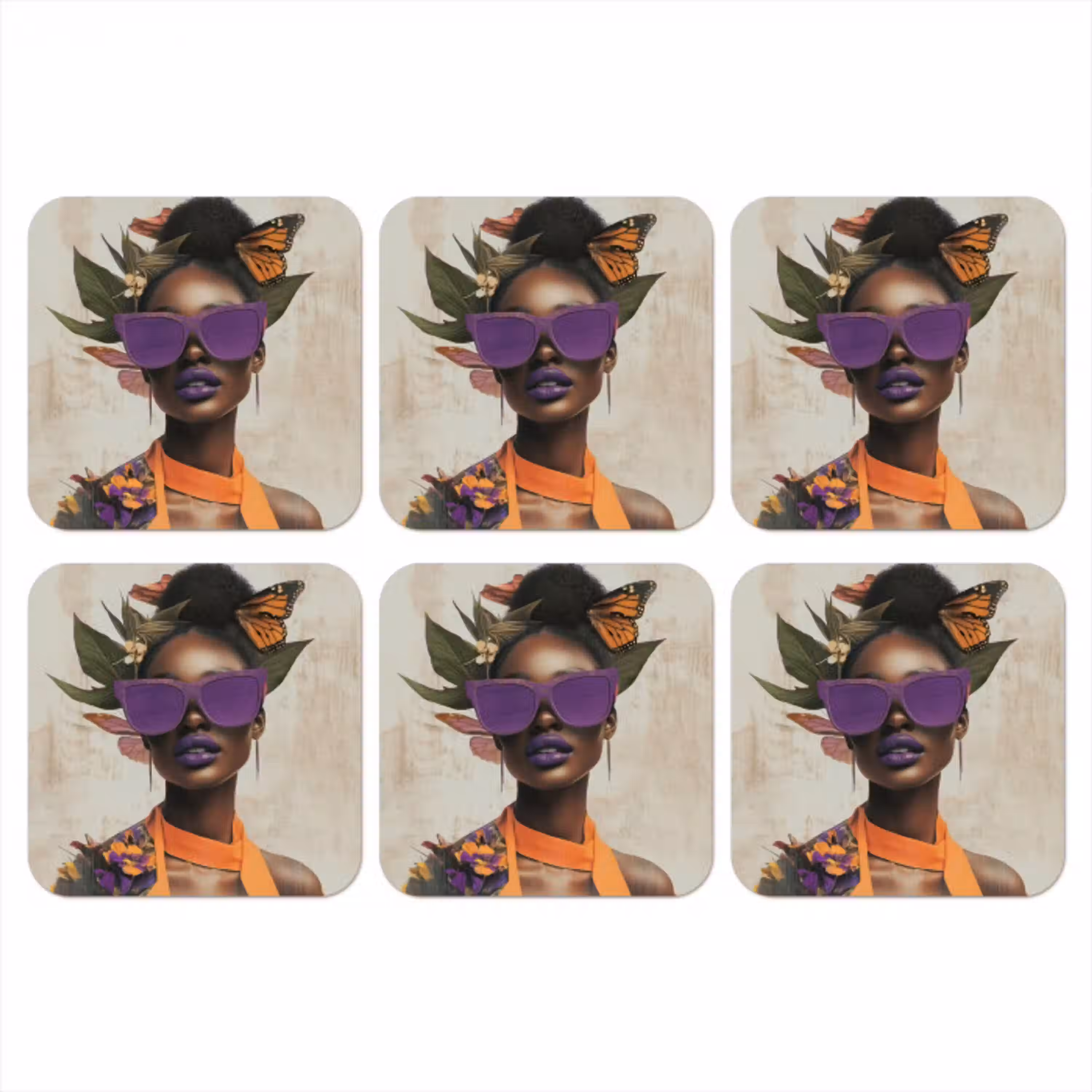 Vrouw - Zonnebril - Vlinder - Bloemen onderzetter kurk middel -3d