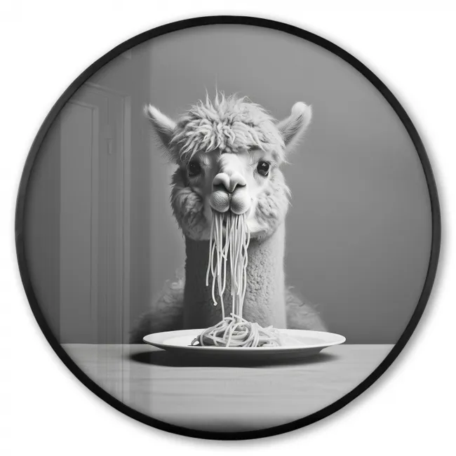 Ronde fotolijst - Alpaca - Pasta - Zwart - Wit - Grappig - Dieren