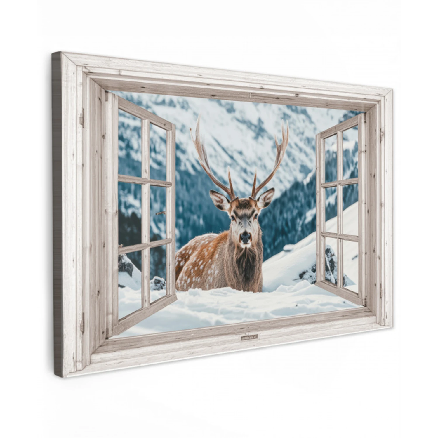 Hert - Winterlandschap - Natuur - Dieren - Doorkijk - Bergen Tuinposter op houten frame 2 cm dik klein -3d