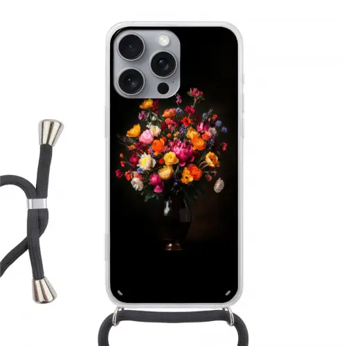 Kleurrijk - Boeket - Vaas - Donkerbruin Hoesje iPhone 16 Pro Max met koord klein -3d
