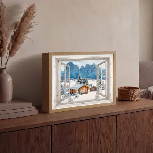 Winterlandschap - Huisje - Bergen - Uitzicht - Doorkijk - Natuur Light Box met batterij (Wandlamp) middel -sfeer2
