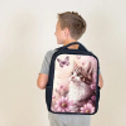 Kat - Paars - Vlinders - Bloemen Rugzak - Zwart middel -sfeer2