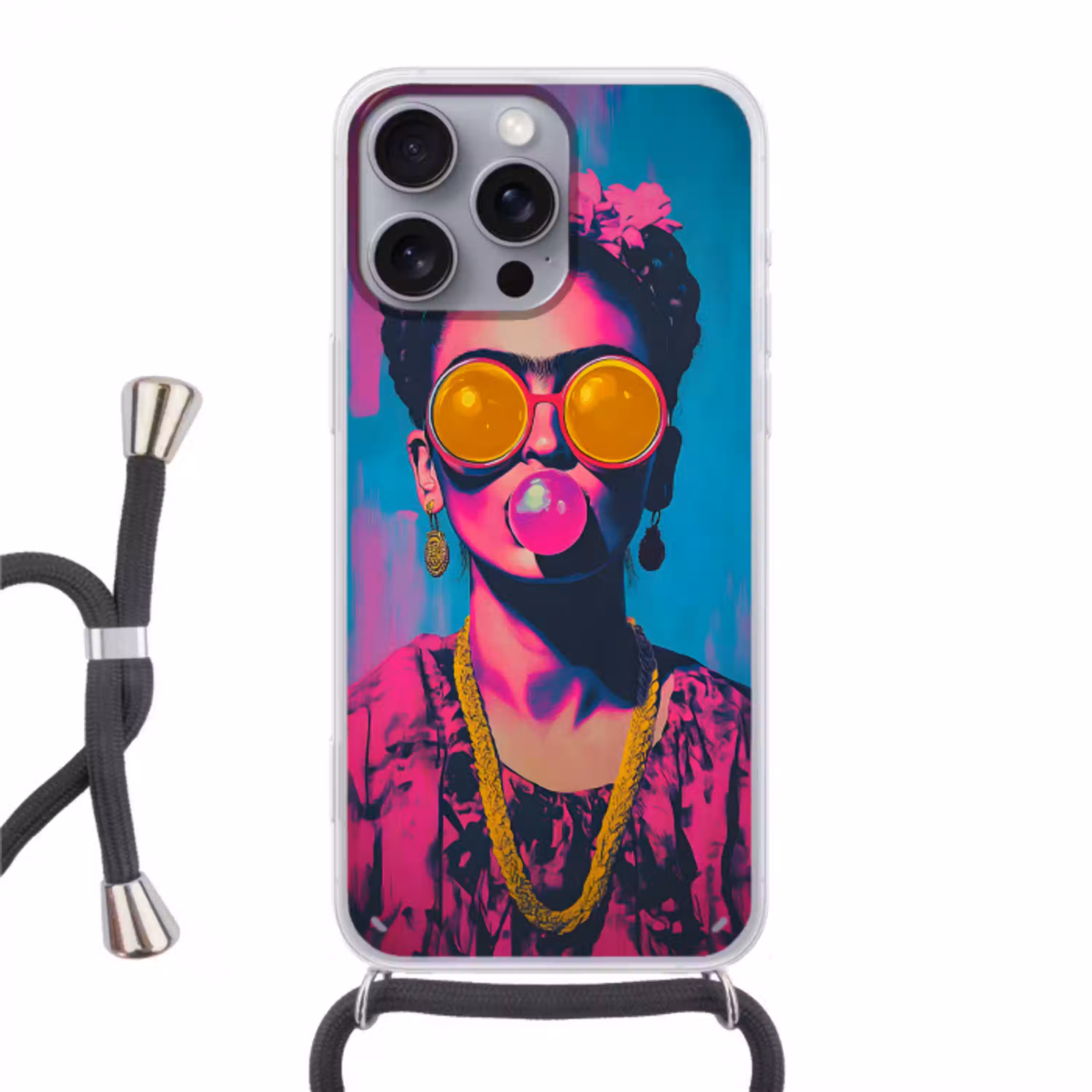 Vrouw - Kauwgom - Zonnebril - Oranje Hoesje iPhone 16 Pro Max met koord klein -3d