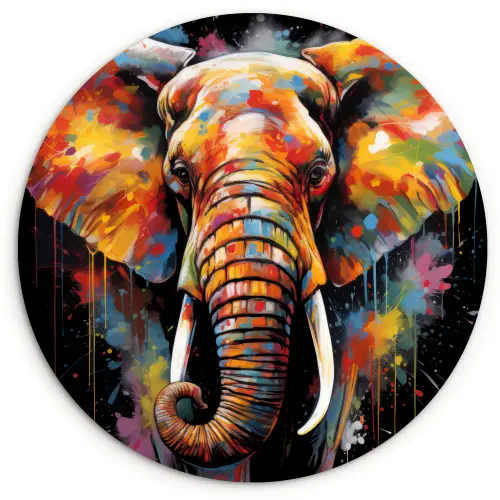 Olifant - Graffiti - Zwart - Dieren - Kleuren Wandcirkel kunststof plaat 5mm dik klein -3d
