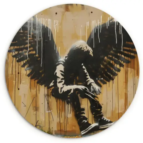 Graffiti - Kunst - Vleugels - Street art - Banksy Wandcirkel kunststof plaat 5mm dik klein -3d