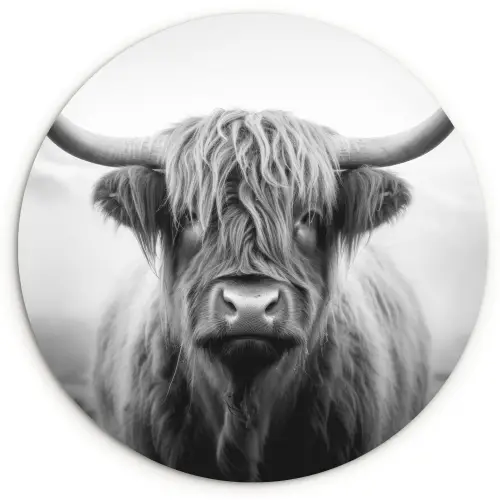 Schotse hooglander - Mist - Zwart - Wit Wandcirkel kunststof plaat 5mm dik klein -3d