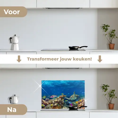 Onderwaterlandschap - Vissen - Schildpad - Blauw keuken achterwand spatscherm klein -voor_na_NL
