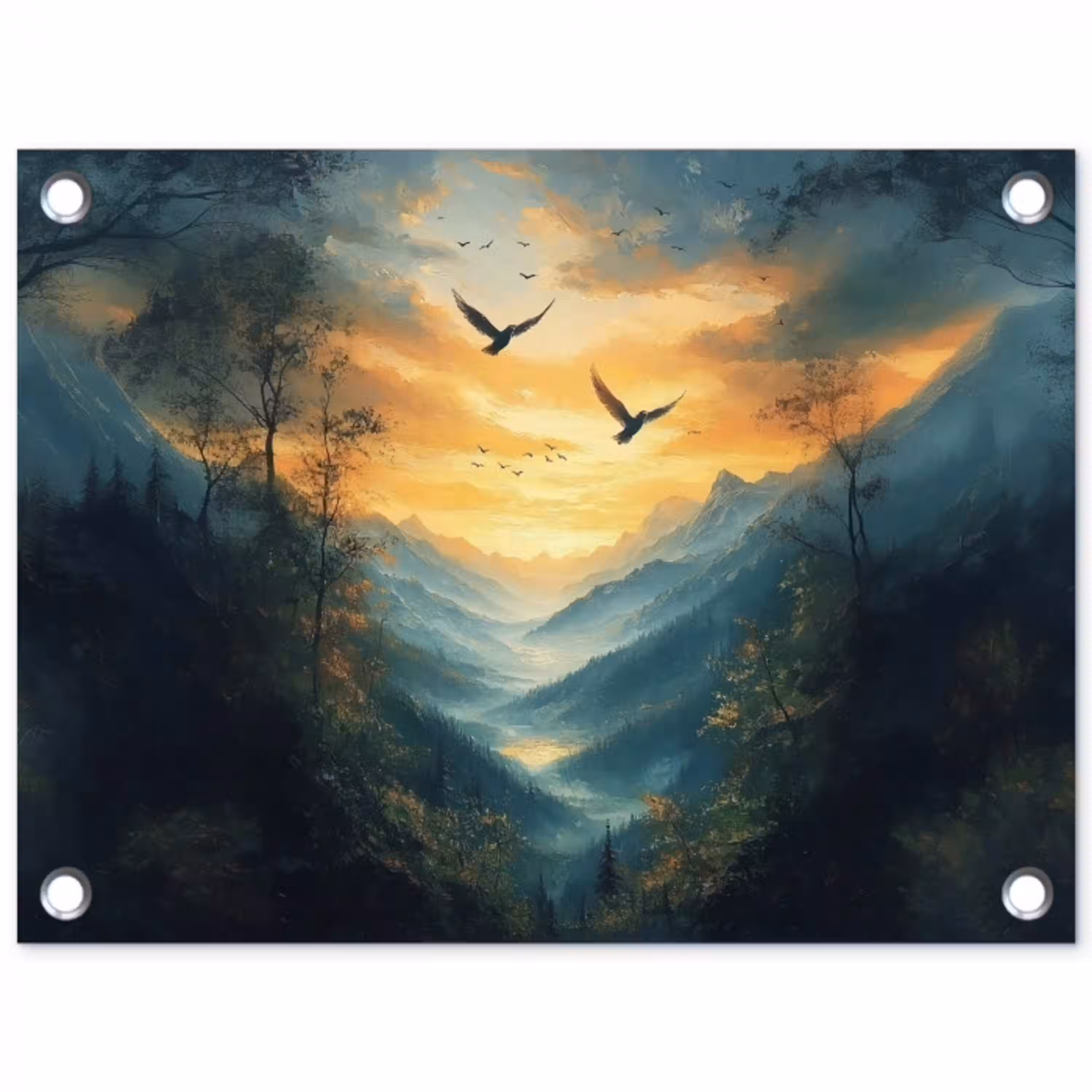 Vogels - Zon - Bomen - Groen tuinposter los doek klein -3d