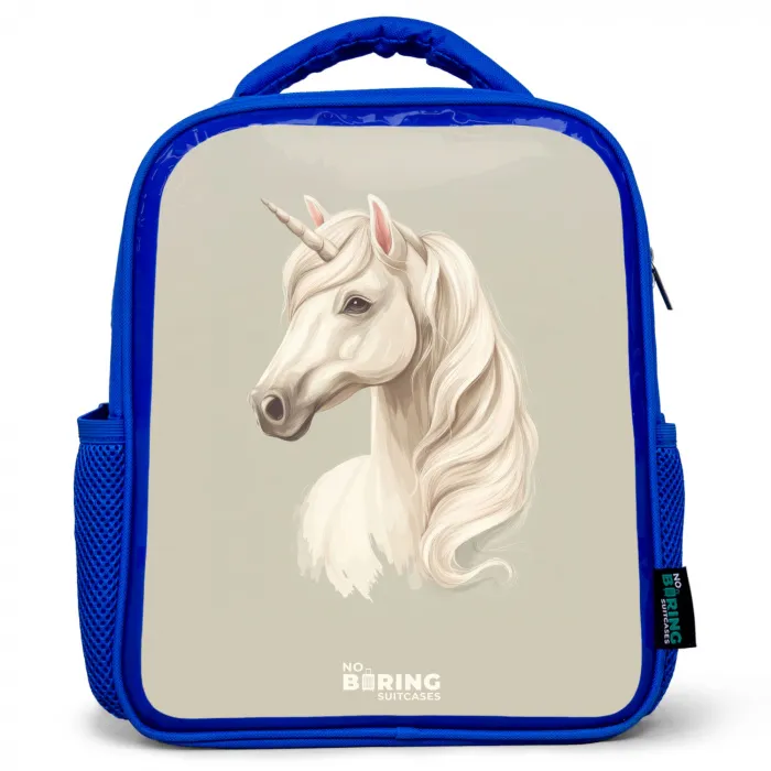 Eenhoorn in neutrale kleuren Kinderrugzak - Blauw middel -3d