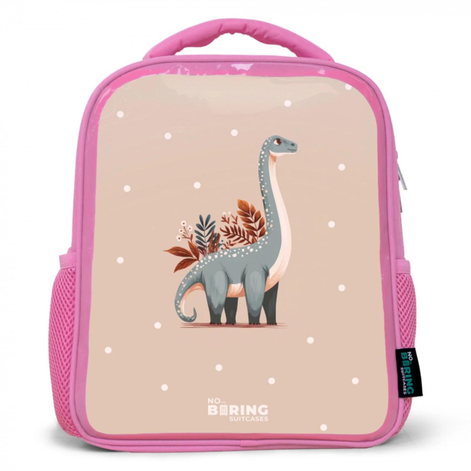 Blauwe dinosaurus op een beige stippenachtergrond Kinderrugzak - Roze middel -3d