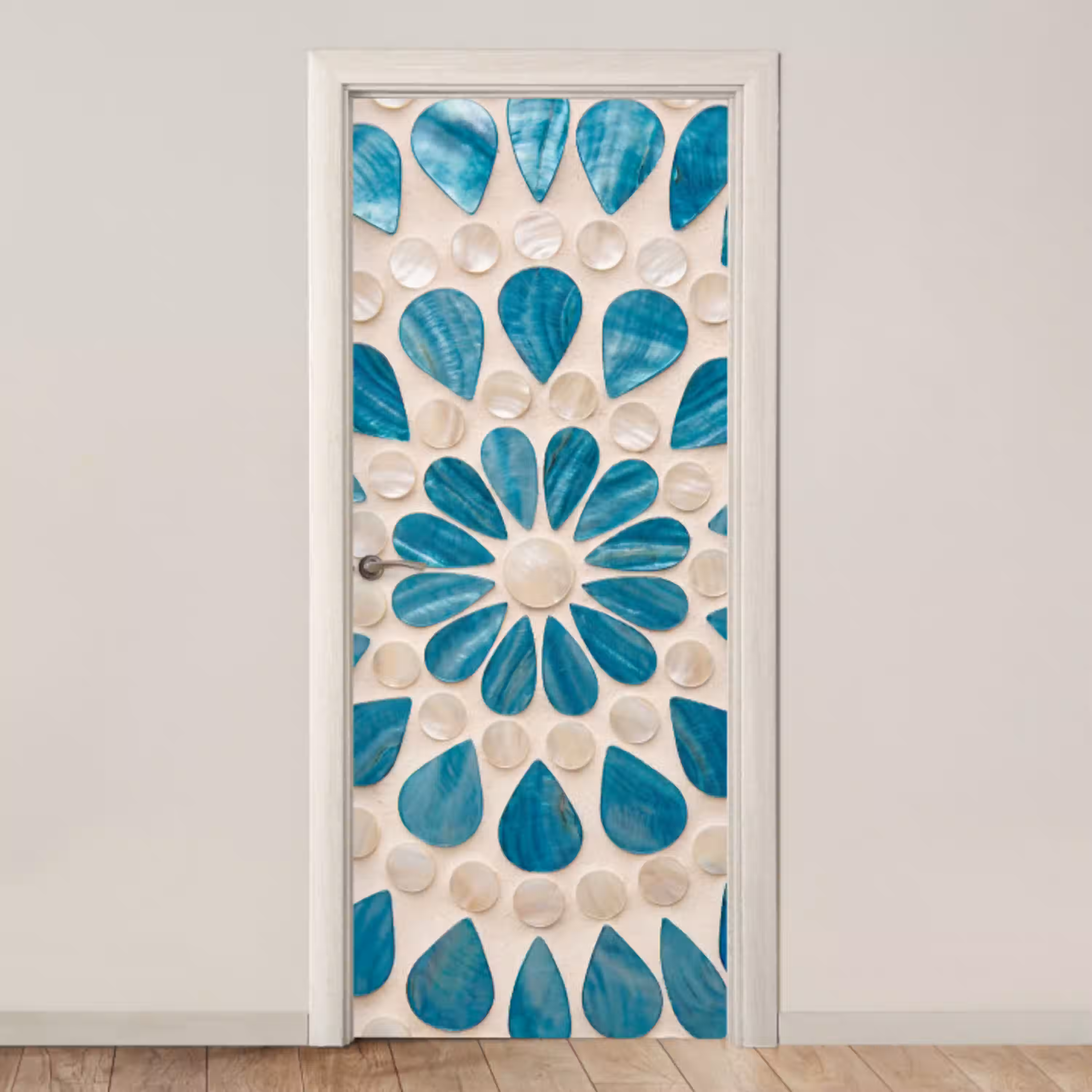 Patroon - Mozaïek - Schelpen - Abstract - Turquoise deurposter klein -3d_beige