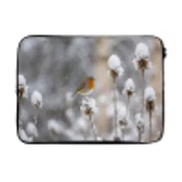 Roodborstje - Gedroogde bloem - Sneeuw - Winter - Vertederend laptophoes neopreen klein -3d