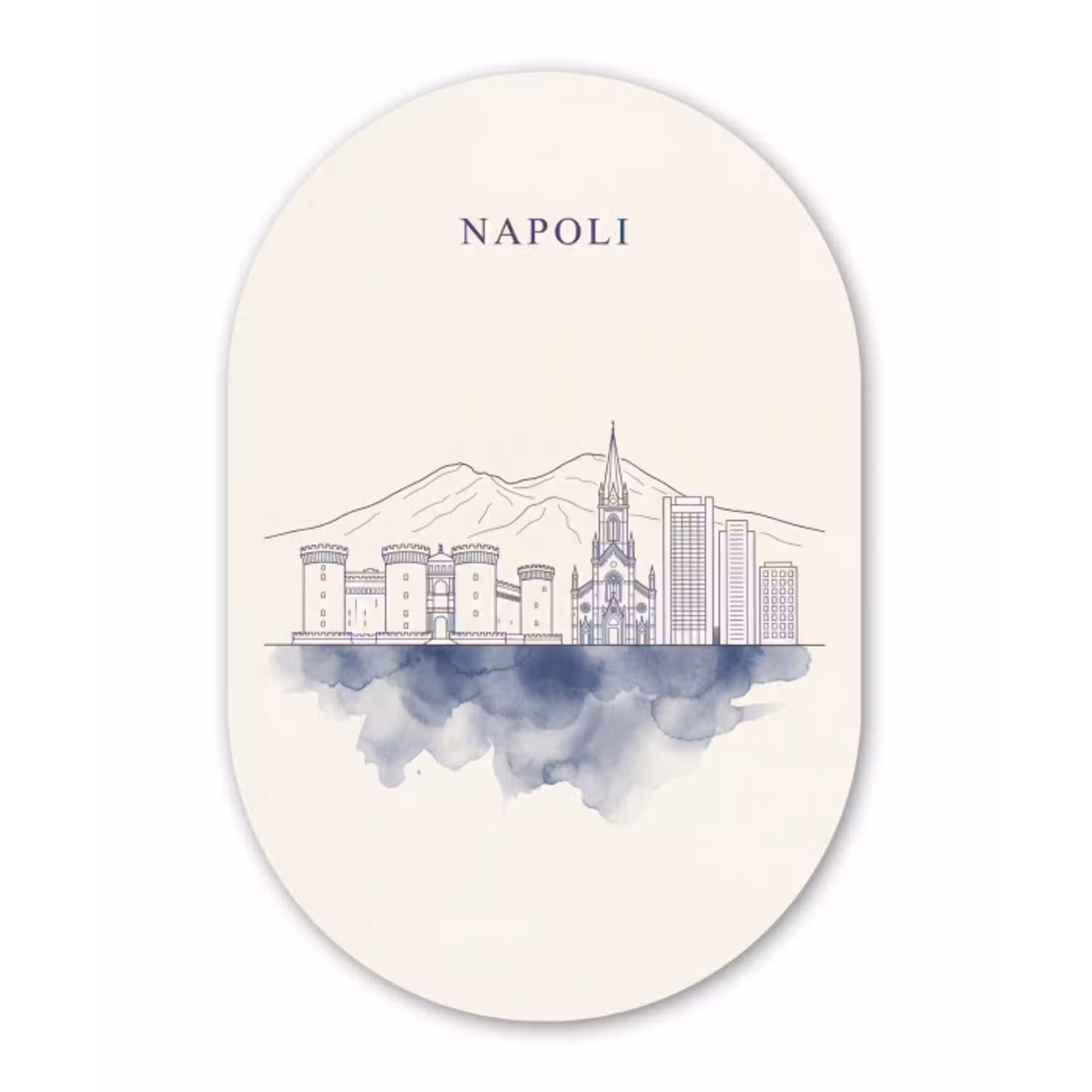 Napels - Skyline - Italie - Lijntekening - Aquarel Wandcirkel Ovaal Aluminium middel -3d