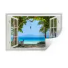 Doorkijk - Boom - Zee - Palmboom - Heuvels - Strand - Blauw Muursticker klein -3d