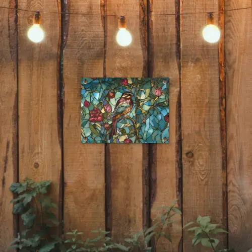 Vogel - Tak - Rozen - Mozaïek tuinposter los doek klein -sfeer1
