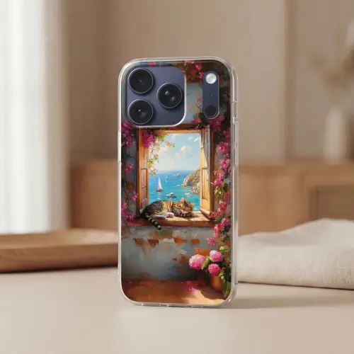 Kat - Blauwe zee - Roze bloemen Telefoonhoesje iPhone 17 Pro klein -sfeer2