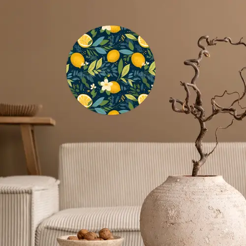 Bloemen - Bladeren - Citroenen - Blauw Wandcirkel behangsticker klein 186 -sfeer1