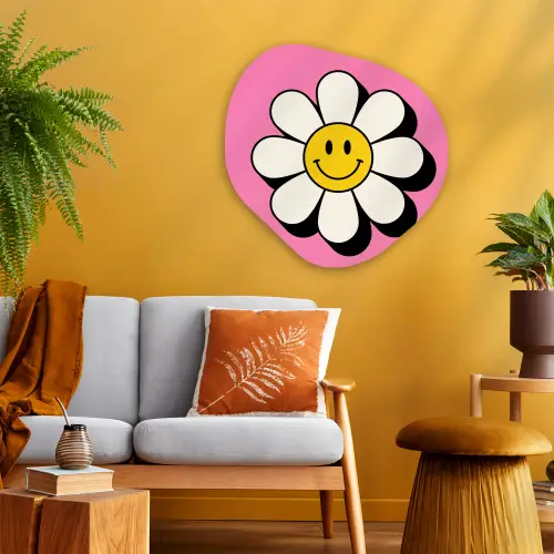 Smiley - Bloem - Roze Wandcirkel Organisch Aluminium middel -sfeer4