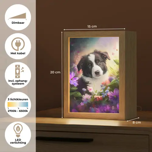 Puppy - Zon - Bloemen - Natuur - Bordercollie - Hond Light Box met kabel klein -USP_NL