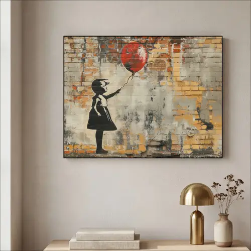 Graffiti - Banksy Style - Meisje met ballon Textielframe zwart klein -sfeer2
