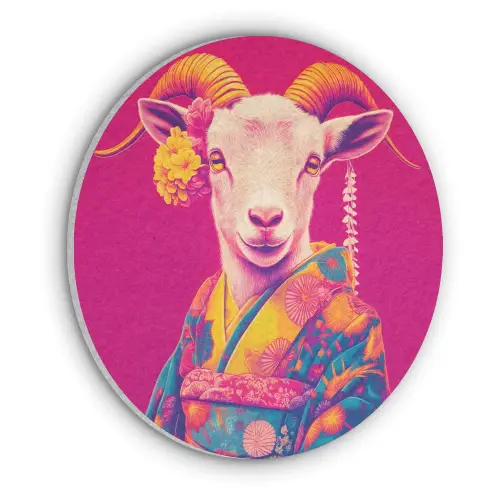 Geit - Hoorns - Kimono - Kleurrijk Akoestische PET Vilt - Rond klein -3d