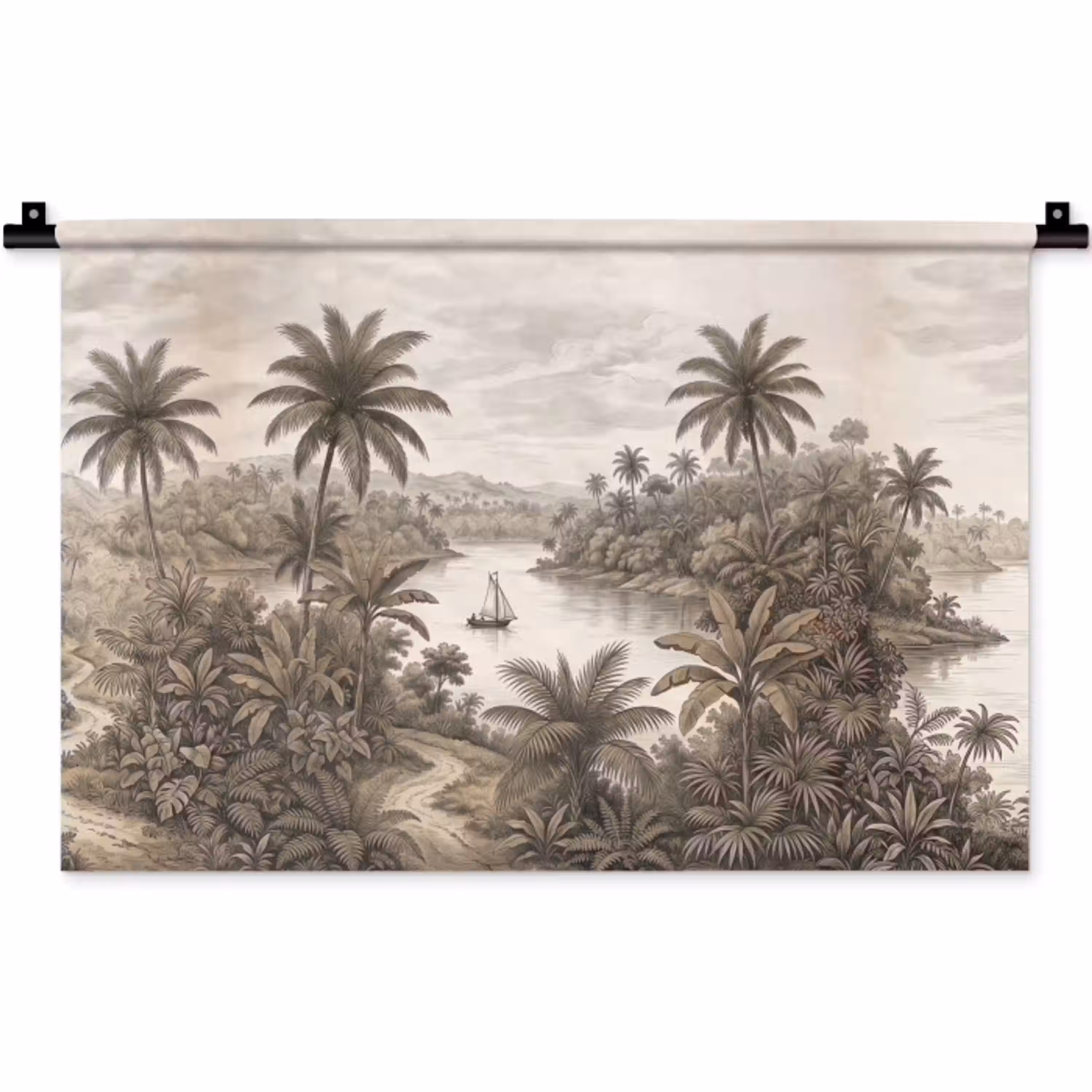 Landschap - Rivier - Boot - Tropisch - Vintage Wandkleed katoen klein -zz3d