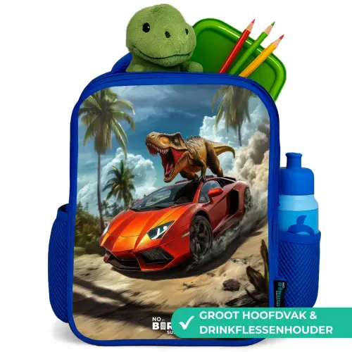 Rode sportauto met dino raast door tropisch strand Kinderrugzak - Blauw middel -inhoud_NL