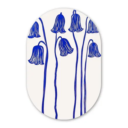 Bloemen - Blauw - Lijnen - Bloemblaadjes Wandcirkel Ovaal Glas middel -3d