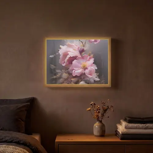 Bloemen - Roze - Stilleven - Kunst Light Box met batterij (Wandlamp) middel -sfeer4