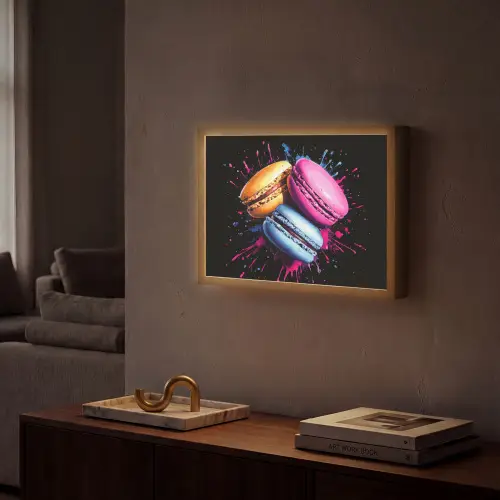 Macarons - Dessert - Graffiti - Kleurrijk - Roze - Blauw - Geel Light Box met batterij (Wandlamp) middel -sfeer1