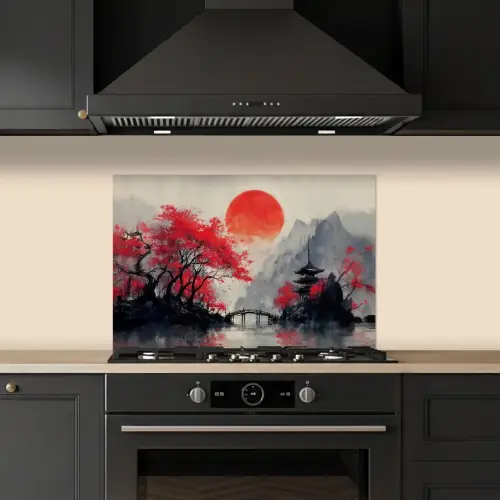 Rode zon - Rivier - brug - Bomen keuken achterwand spatscherm klein -sfeer1