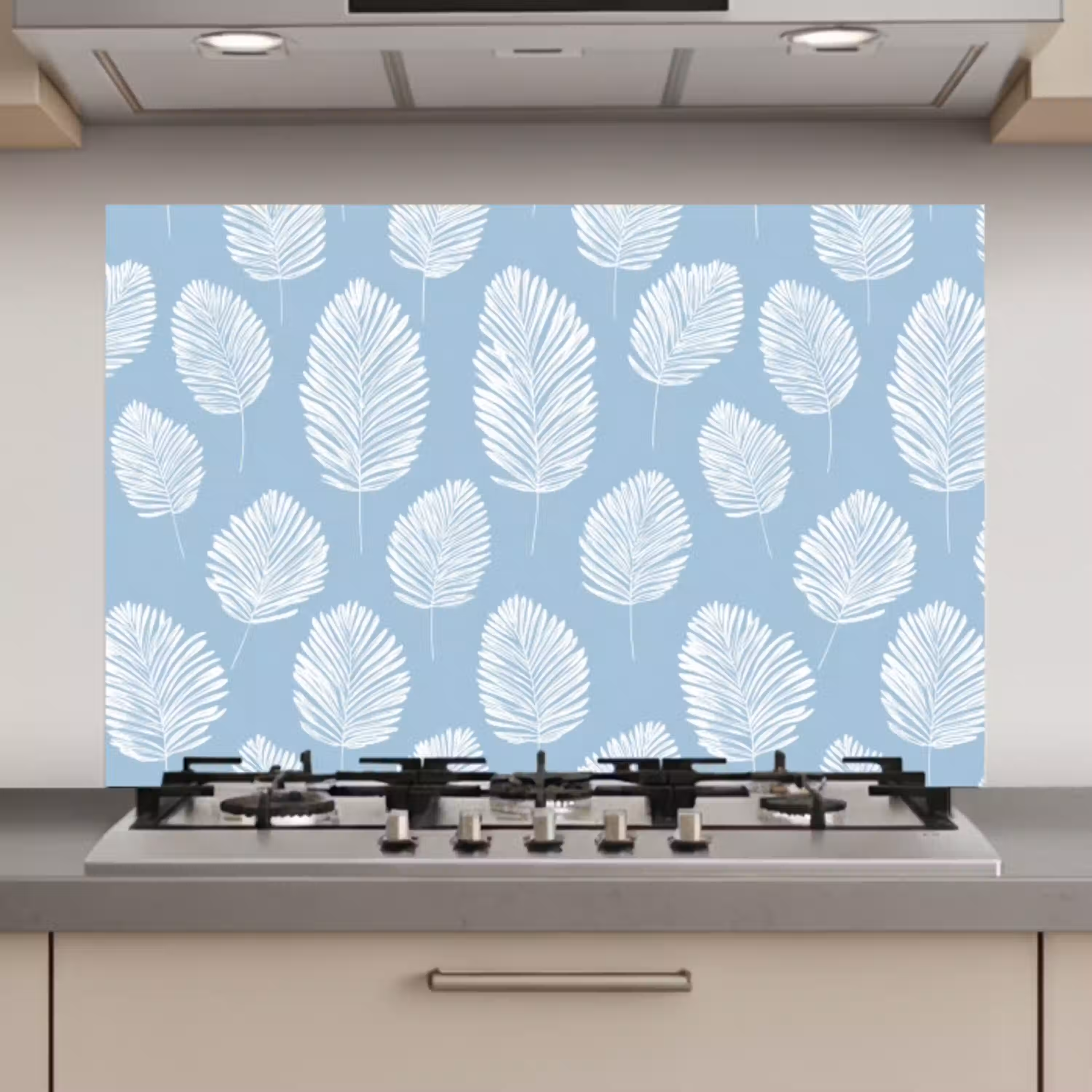 Palmbladeren - Naadloos - Patroon - Pastelblauw keuken achterwand spatscherm klein 900 -3d_website