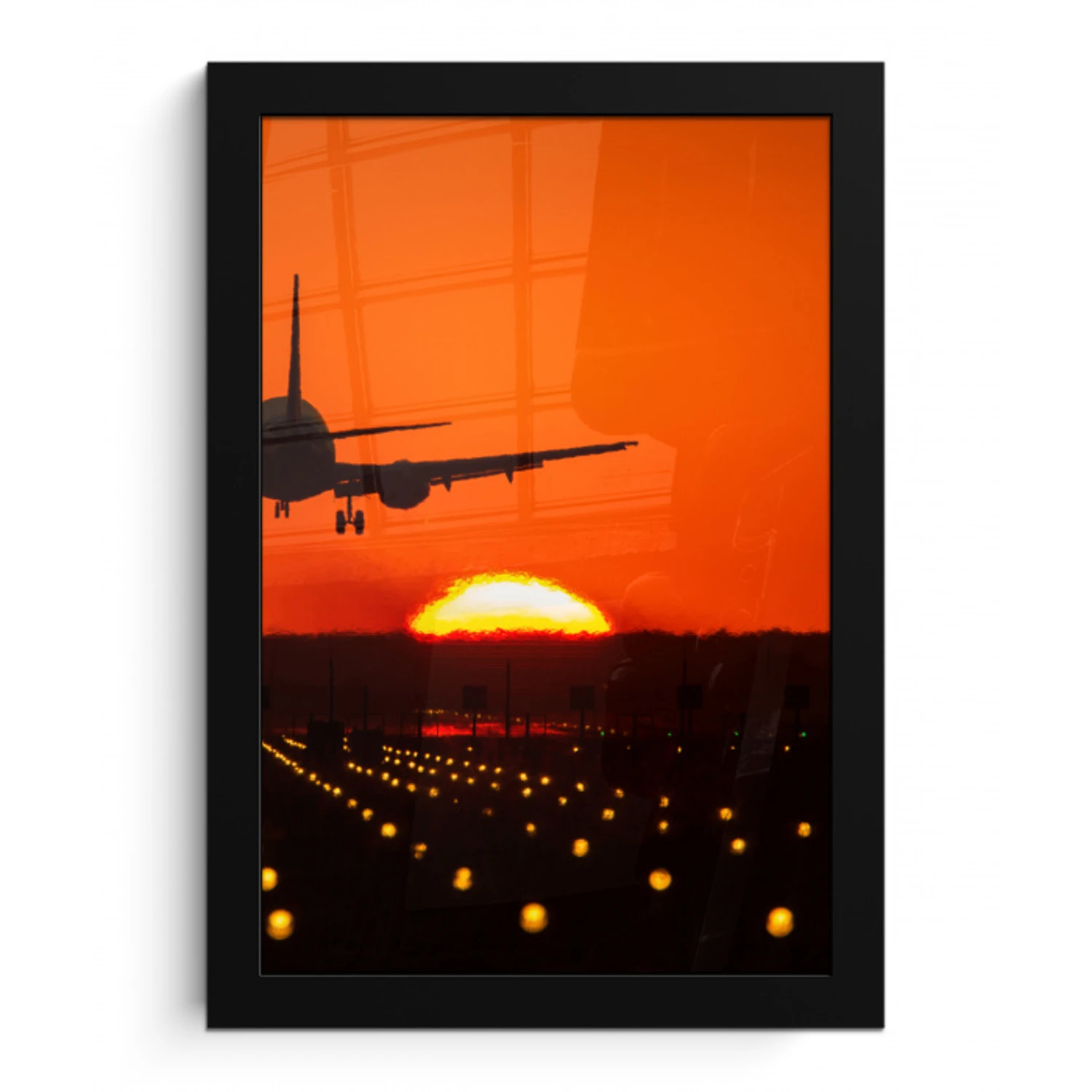 Zonsondergang - Vliegtuig - Oranje - Zon fotolijst zwart zonder passe partout klein -3d