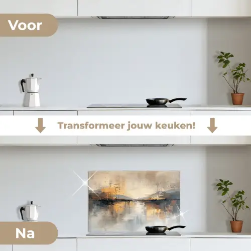 Abstract - Modern - Beige - Aesthetic - Goud keuken achterwand spatscherm klein -voor_na_NL