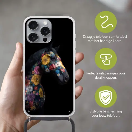 Paard - Bloemen - Zwart Hoesje iPhone 16 Pro Max met koord klein -sfeer2_NL