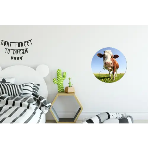 Koe - Dieren - Bloemen - Gras Wandcirkel aluminium klein -kinderkamer