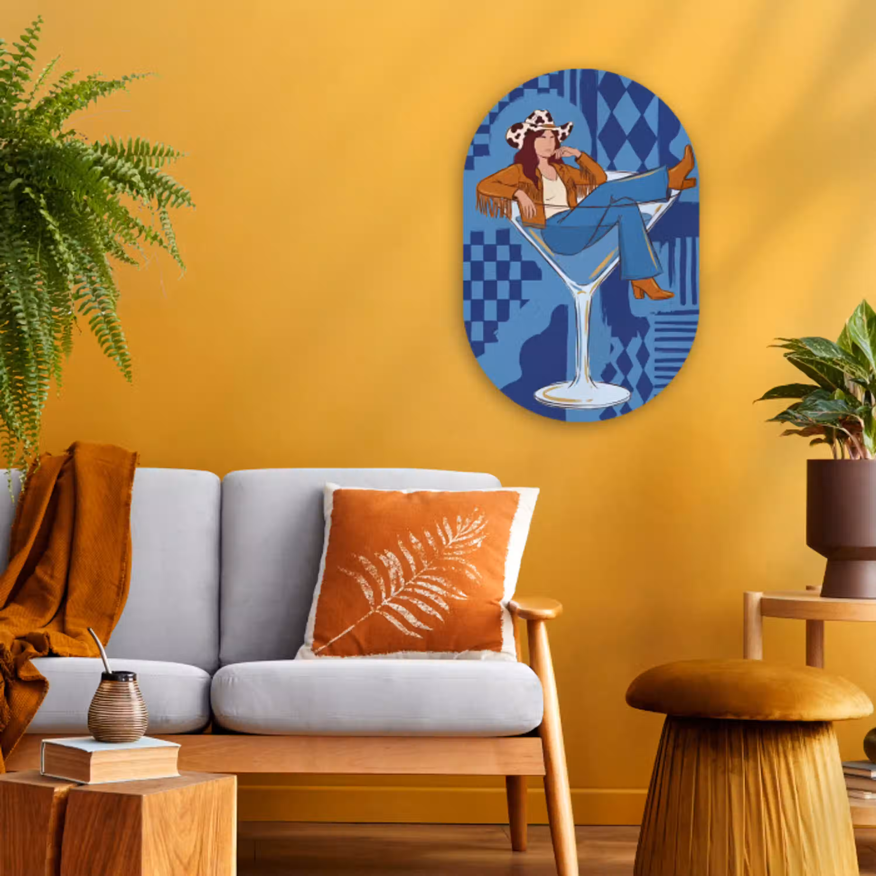 Vrouw - Martini glas - Abstract - Blauw - Kunst Wandcirkel Ovaal Forex klein -sfeer4