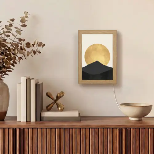 Bergsilhouetten - Gouden cirkel - Beige Light Box met kabel (Tafellamp) klein -sfeer2