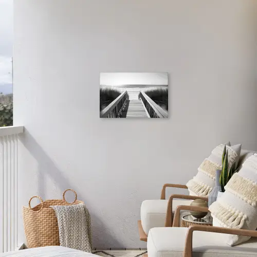 Loopbrug - Hout - Strand - Zee Tuinposter op houten frame 2 cm dik klein -sfeer1
