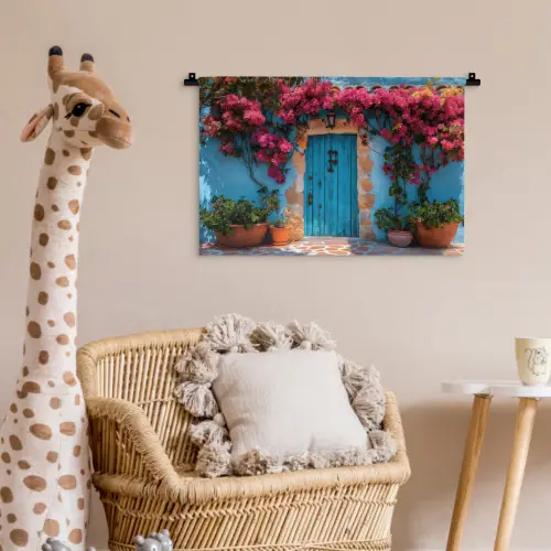 Deur - Hout - Bloemen - Blauw Wandkleed katoen klein -wsfeer5_kind